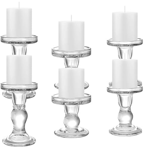 6er Kerzenhalter Glas Set mit Römischem Säulen, Transparente Kristall Teelichthalter für Stabkerzen, Stumpenkerzen & Tischdeko I Robust Bleifreies Glas Hochzeit, Party, Geschenkidee