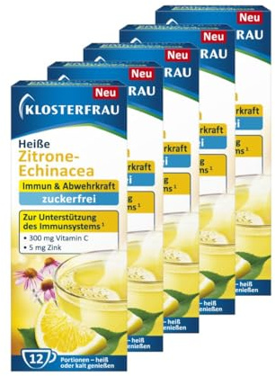 Klosterfrau Heiße Zitrone-Echinacea | zuckerfrei | 300mg Vitamin C + 5mg Zink | 5 x 12 Portionsbeutel