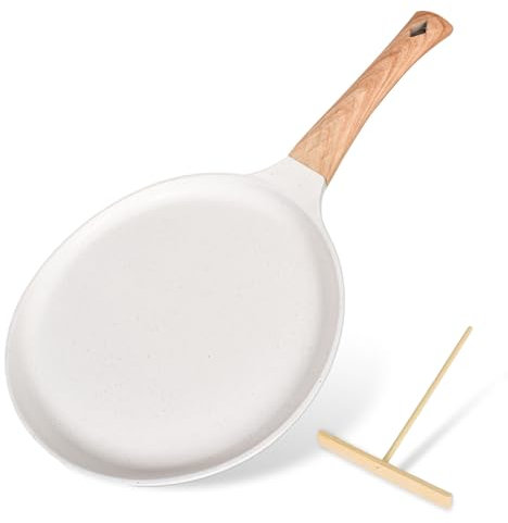 Sartén para Crepes con Mango Extraíble y Distribuidor de Masa, Revestimiento Antiadherente, Sartén para Pancake, Sarten Tortitas Aluminio, Crepera Inducción (Blanco 24cm)