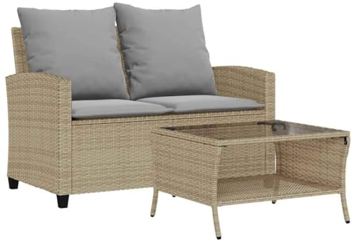 vidaXL Gartensofa 2-Sitzer mit Kissen & Tisch Beige Poly Rattan, Outdoor Sofa, Terrassensofa, Zweisitzer Gartensofa, Garten Sofa, 2-Sitzer Gartensofa