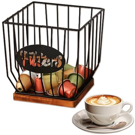 Coffee Pod Holder, Large Capacity Organizer for All Coffee Capsule, Metal Coffee Pod Basket Holder with Wooden Base, Coffee Pod Organiser for Bar, Kitchen, Office, Multifunction Storage (Black)