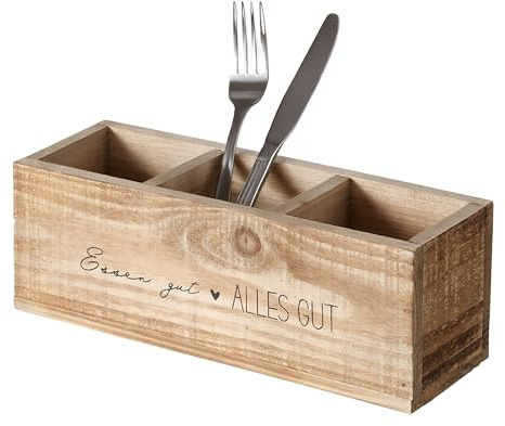 Spetebo Holz Besteck Halter mit 3 Fächern - 28 x 9 cm - Vintage Küchen Organizer Box rechteckig - Besteck Aufbewahrung Ständer Halter Korb für Küchen Utensilien Besteckkiste