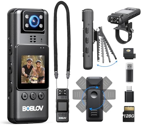 BOBLOV Mini cámara corporal con video: cámara de acción de 128 G, cámaras pequeñas para vlogging con batería de 9 horas de duración, cámara portátil de bolsillo con clip trasero, fácil de usar para