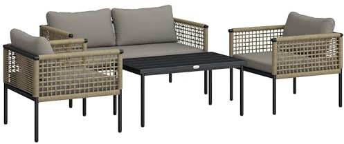 Outsunny Conjunto de Jardín Exterior de Ratán Sintético de 4 Piezas Muebles de Jardín Exterior Incluye 1 Sofá Doble 2 Sillones y Mesa de Centro con Cojines Natural y Gris