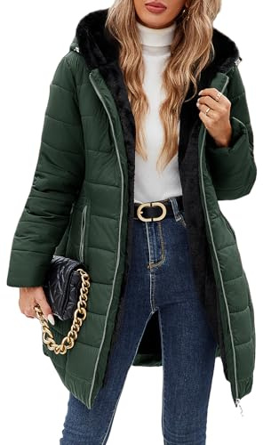 Yuson Girl Abrigo Parka Mujer Largo con Capucha Invierno Forro Polar Sherpa Chaqueta para Mujer Gruesa Abrigos de Piel Cremallera Cálido Jacket Resistente Agua Coat con Bolsillos(Verde militar, S)