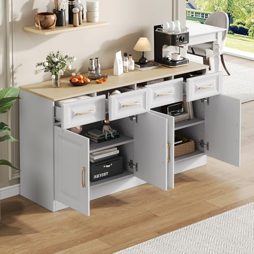Biqzuya - Aparador (140 x 40 x 75 cm), diseño de granjero moderno, madera blanca para cocina y comedor (140 x 40 x 75 cm), color café con 4 cajones y 4 puertas