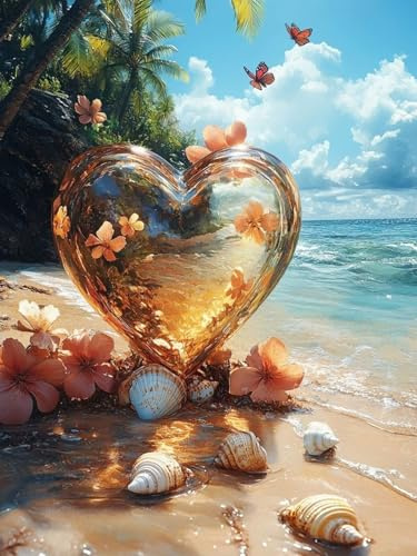 Strand Malen Nach Zahlen Erwachsene, Herz Malen Nach Zahlen XXL 20X30CM, Ölgemälde Kunst Handwerk Set mit Pinseln und Acrylfarbe, Paint by Numbers für Deko Wohnzimmer, Geschenke für Frauen, Model 379