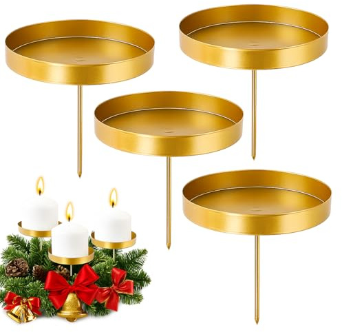 Kerzenhalter Adventskranz, 4 Stück Gold Stumpenkerzen, 8cm Advent Kerzenständer, Stabkerzenhalter zum Stecken, Metall Adventsteller Kerzenstecker Weihnachten Kerzenpick Halterung für Kranz