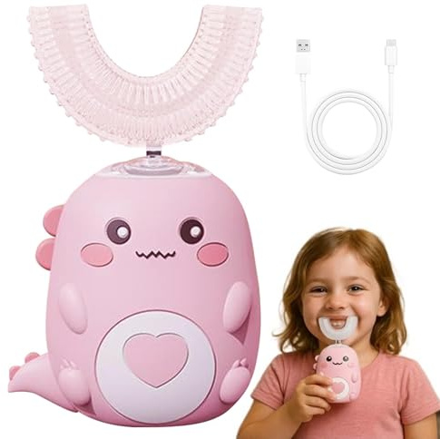 Brosse À Dents Ultrasonique 360° pour Enfants Dino Brush, Brosse À Dents Automatique avec Têtes en Silicone et Lumière LED, Brosses À Dents À Mâcher - Minuterie, 2 Modes, Étanchéité IPX7(Pink 2-6 Year