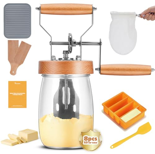 Pro Butter Churner Set – 35oz Glass Jar with Anti-Slip Base, Cheesecloth, Butter Mold & Dual Paddles – Make Fresh Homemade Butter & Whipped Cream | Ideal DIY Kitchen Gift