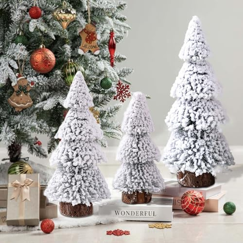 ZoneYan 3 Stück Mini Weihnachtsbaum, Künstlich Mini Weihnachts Baum, Klein Tannenbaum Deko, Tisch Weihnachtsdeko, Miniatur Weihnachtsbaum, Klein Weihnachts Baum mit Schnee, Tischdeko Tannenbaum