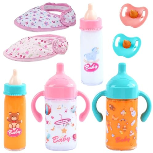 Magische Flasche, 8 Stück Puppenzubehör, Puppen Zubehör, Baby Puppe Zubehör für Kinder, Puppenflasche, 4 Baby Puppe Milchfläschchen, 2 Puppenschnuller, 2 Lätzchen