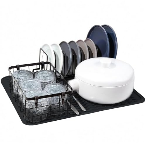 Echehi Tappetino Scolapiatti in Silicone per Piano Cucina, Design a Onda, Antiscivolo, Protegge le Superfici. Nero