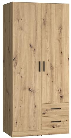 Forte Joakim Kleiderschrank 90, Skandi-Stil Schrank, 2-türig, 2 Schubladen, Einlegeböden, Kleiderstange, Holzwerkstoff, Artisan Eiche Holzdekor, 90,8 cm breit x 197 cm hoch x 54 cm tief