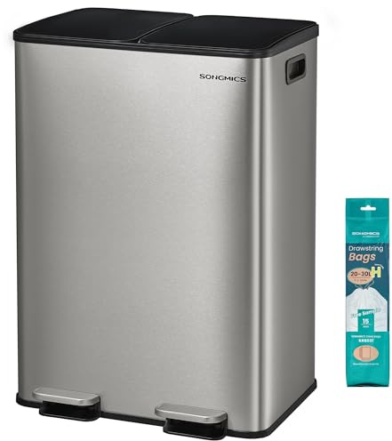 SONGMICS Cubo de Basura de Cocina, 2 x 30 L, 2 Compartimentos, Papelera de Pedal, con Tapa de Cierre Suave y Cubo Interior, Acero Inoxidable, Incluye 15 Bolsas de Basura, Plateado LTB741EZ01