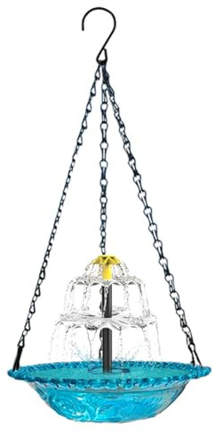 QOXEZY Solar Vogeltränke mit Springbrunnen - Hängende Vogelfutterstation für den Außenbereich, wetterbeständiges Metall+Kunststoff-Design, 23,5 x 45 cm, natürliche Ästhetik (Blau)