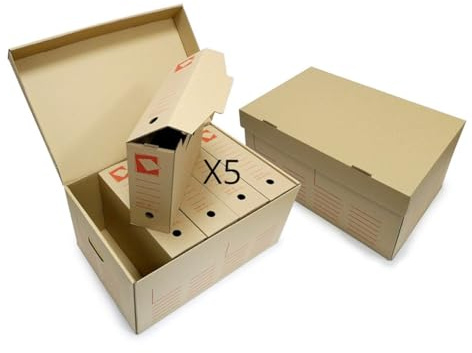 Generico Set 5 Scatole Archivio in Cartone Riciclato + 1 Scatola Grande 52x35x25 cm | Dorso 10 cm | Con Maniglie e Coperchio | Resistenti Impilabili Ecologiche | Ideali per Ufficio e Casa