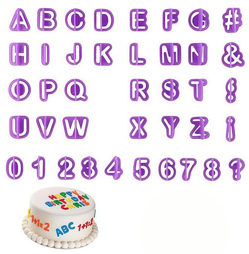 MEOAlBkey 40Pcs Fondant Letter and Number Cutters Set | 40-piece alphabet, number, and symbol cutter set for personalized cookie stamps and cake decorating baking tools.