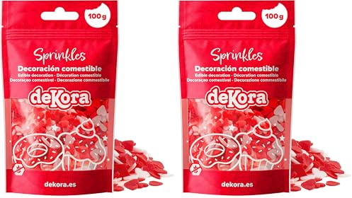 dekora – Confettis Cœur Rouges et Blancs en Sucre, 100 g – Décoration Saint-Valentin Chic pour Gâteau, Cupcake et Dessert (Lot de 2)