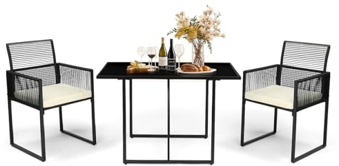 LEADZM Gartenmöbel Set 3-teilig - Tisch & 2 Sessel, Schwarze, klappbare Rückenlehne im Rattan-Stil, balkonmöbel Set Balkon 2 Personen, geeignet für Balkone, Terrassen und Gärten
