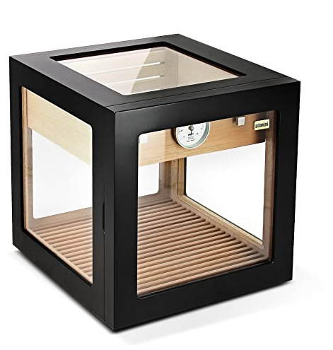 ADORINI Cube Deluxe Black - Humidor de madera de cedro español para hasta 100 puros con higrómetro de cabello y sistema de humidificación.