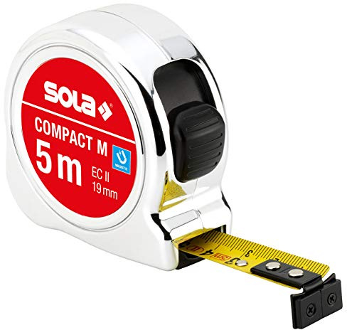 SOLA COMPACT M - Bandmaß magnetisch 5m / 19mm - Taschenbandmaß mit Gürtelclip - Stahlband, gelb lackiert mit mm Skala - Genauigkeitsklasse II - Rollmeter mit beweglichem Endhaken - Länge 5m, 8m