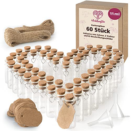 WeddingTree 60 x kleine Glasflasche 60 x 11 ml – Reagenzglas für Hochzeiten – kleine Glasflasche – Behälter für Süßigkeiten aus Glas mit Kork und Anhänger in Herzform