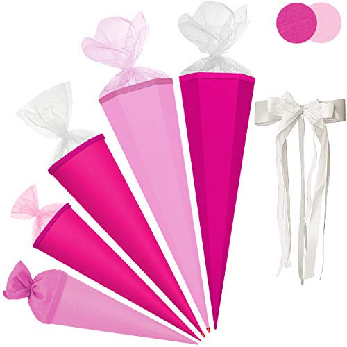Schultüte - Rohling - ROSA - 85 cm - mit Holzspitze - 6 eckig - incl. große Schleife - Tüllabschluß - Zuckertüte - Roth - Jungen Mädchen - Schultütenschleife ..