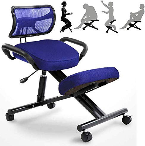 Ergonomischer Kniestuhl, verstellbarer Haltungskorrekturhocker mit Rückenstütze, abgewinkeltem Sitz und dicken, bequemen Kissen für Zuhause und Büro (Netzstoff), blau