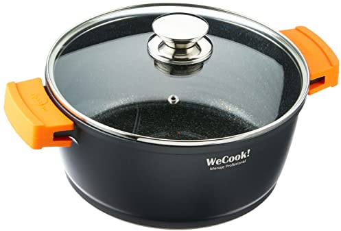 WECOOK! Ecochef Titanio Casseruola Alta, Induzione, Coperchio di Vetro 24cm, Antiaderente QUANTANIUM Ecologico senza PFOA, Alluminio Fuso 5mm Spessore, Maniglie in Silicone, Vitroceramica, Forno