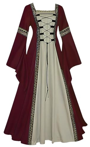 Feynman Damen Mittelalterliche Kleid mit Trompetenärmel, Mittelalter Viktorianischen Königin Kleider Renaissance Gotisch Maxikleid Karneval Halloween Party Prinzessin Kostüm, Weinrot, M
