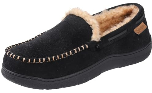 Zigzagger Men's Fuzzy Moccasin Slippers Indoor/Outdoor Fluffy House Shoes, Black,10-11 UK