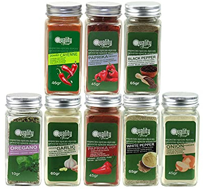 Pack de Hierbas Aromáticas Uso Cotidiano. Ideal para regalo y uso diario. 8 Tarros de cristal, reutilizables. Ajo y Cebolla Molidos, Pimienta Negra y Blanca, Pimentón Dulce y Picante, Orégano y Cayena