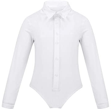 Agoky Kinder Jungen Langarm Bodysuit Tanzbody Latein Anzug Hemd Shirt mit Fliege Einteiler Jumpsuit Overall elastische Leotards Weiß B 152