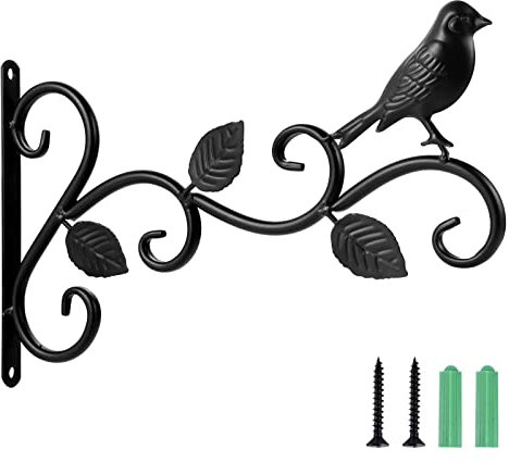 Black Steel Hanging Basket Bracket with Screws - Outdoor Plant Hanging Bracket, Wall Mounted Hook for Plants, Lanterns, Bird Feeders