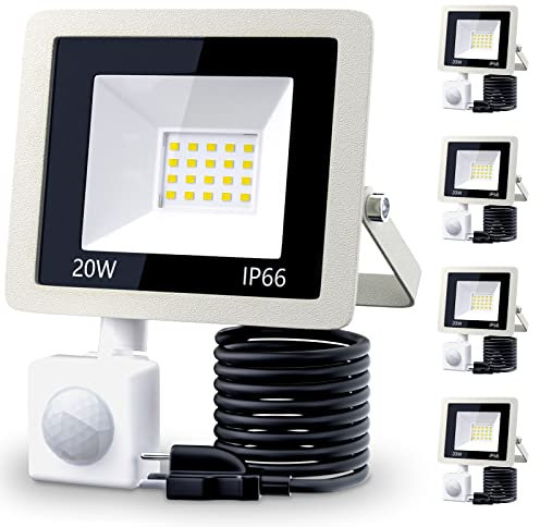 MIWAT 5Pack 20W Motion Sensor LED Flood Light, IP66 Rainproof Security Spotlight with PIR for Wall, Driveway, Square - Ivory