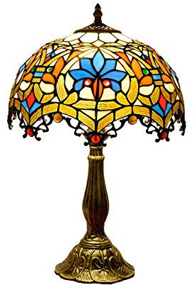 Tiffany Lamp Multi-Colored 1 Light with Bead Table Lamp Stained Glass Dome Task Desk Lamp Night Light Antique Brass Zinc Base for Living Room Bedroom Coffee Table -(19H x 12W)-Typ F needed