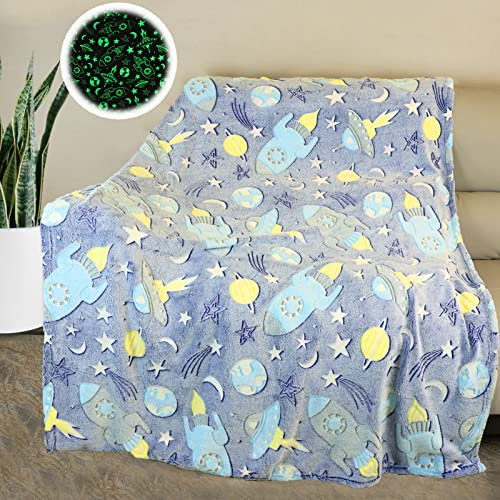 HSGLGNA Couverture pour Enfants, Rocket Blimp Douce et Chaude Qui Brille dans Le Noir, 150x200 cm, Moelleuse et Lumineuse pour Filles et Garçons