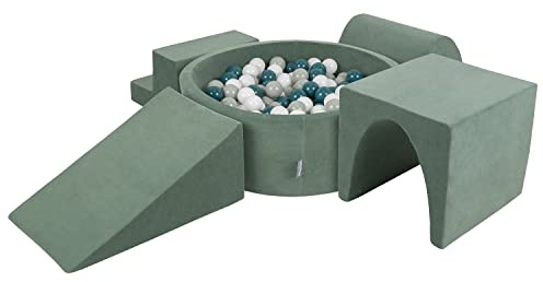 KiddyMoon Spielplatz Velvet Aus Schaumstoff Mit Samt Rund Bällebad (200 Bälle) Ballgruben Für Babys Spielbad Hindernisläufen, Hergestellt In Der EU, Waldgrün: Dunkeltürkis/Grüngrau/Weiß