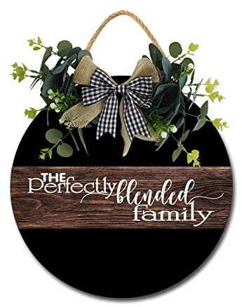 The Perfectly Blended Family Haustürschild, lustige Kränze zum Aufhängen, Holzschild, Dekoration, rund, rustikal, Holz, Bauernhaus, Veranda, Dekor für Zuhause, Haustür, 30,5 x 30,5 cm