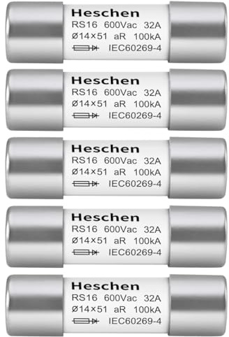 Heschen 5 fusibles cilíndricos de tubería de cerámica, RS16, tipo aR, 14 x 51 mm, 32 A, 600 V CA, 100 kA, 5 unidades