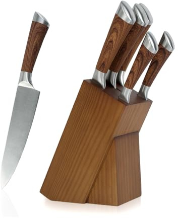 ROYALFORD Kitchen Knife Set 5 Piece Stainless Steel Knives Wooden Stand | Chef Slicing Bread Utility & Paring Knife Set Sharp Blade Non-Slip Handle