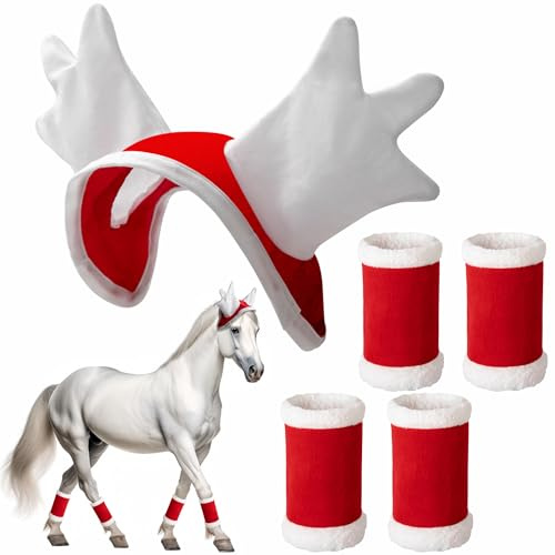 Shupakul Pferdebeinbandagen und Weihnachtsmütze aus rotem Samt, 5 Stück – Weihnachtspferd-Kostüm-Zubehör für Winterpartys und Paraden