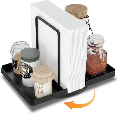STWWO Drehbarer Serviettenhalter für Tisch Serviettenspender Schwarz Metall | Serviettenständer mit Caddy für Salz- und Pfefferstreuern Papier Servietten Halterung Napkin Holder für Tisch Esszimmer