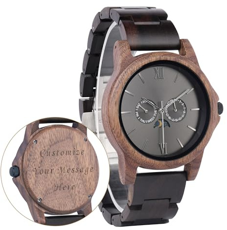 LMWOOD Personalisierte Herren-Holzuhr mit Gravur, Geburtstag, Jubiläum oder zu Weihnachten, Chronograph, Datumsanzeige und Leuchtzeigern