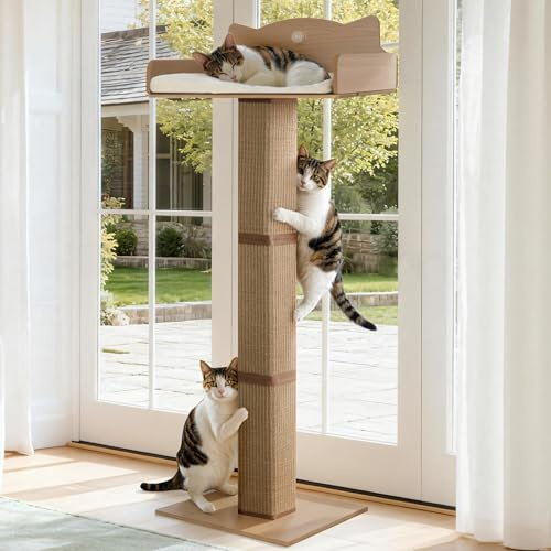 Cat Window Perch with Scratching Post, Cats Hammock for Window with 2 Suction Cups, Sisal Tall Cat Scratching Post with Extra-Large Perch, Cats Window Bed with Fuffy Cushion, Jute