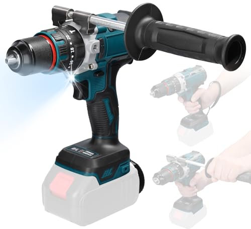 Perceuse à percussion électrique, moteur sans balais Rechargeable de 13mm, tournevis électrique sans fil pour les amateurs de bricolage, bleu noir (avec poignée)
