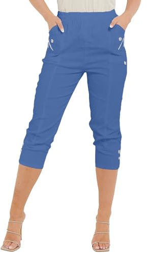 Women Cherry Berry Capri 3/4 Trousers, Ladies Elasticated Cotton Stretch Cropped Bottom Pants (Denim, 12)