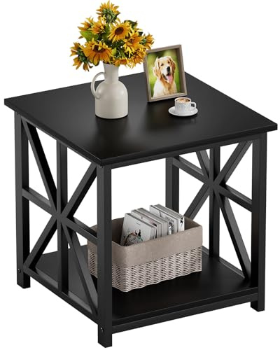 GreenForest Beistelltisch mit 2-stufigem Ablagefach, 50 cm quadratischer Wohnzimmertisch, praktischer Nachttisch im Landhausstil für Schlafzimmer, Büro oder als Sofatisch, Schwarz