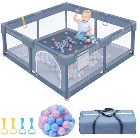 Parque infantil de 127 x 127 cm, con 30 bolas y 4 anillos de escala, zona de juegos segura para niños, fondo antideslizante, tejido transpirable, borde reforzado, bolsa de transporte incluida, gris